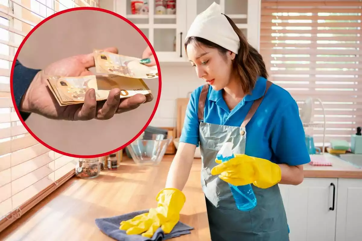 Una mujer limpiando una cocina con guantes amarillos y un delantal, mientras en un círculo rojo se muestra una mano entregando billetes de euro.