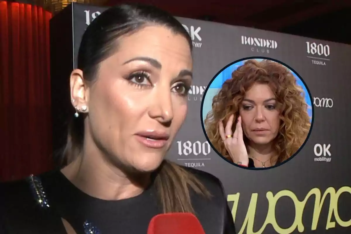 Montaje con Nagore Robles, con coleta y vestido negro que habla frente a un micrófono rojo, y Sofía Cristo, seria y tocándose la cara dentro de un círculo de color negro