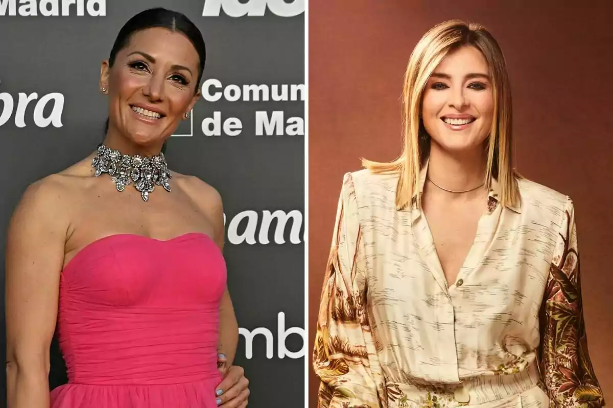 Nagore Robles y Sandra Barneda posan sonriendo; la primera lleva un vestido rosa sin tirantes y un collar llamativo, mientras que la segunda viste una blusa estampada y tiene el cabello rubio. Nagore Robles y Sandra Barneda posan sonriendo; la primera lleva un vestido rosa sin tirantes y un collar llamativo, mientras que la segunda viste una blusa estampada y tiene el cabello rubio.