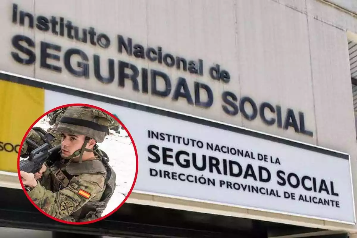 Montaje con la oficina de la Seguridad Social y una imagen de un joven militar español apuntando con una arma