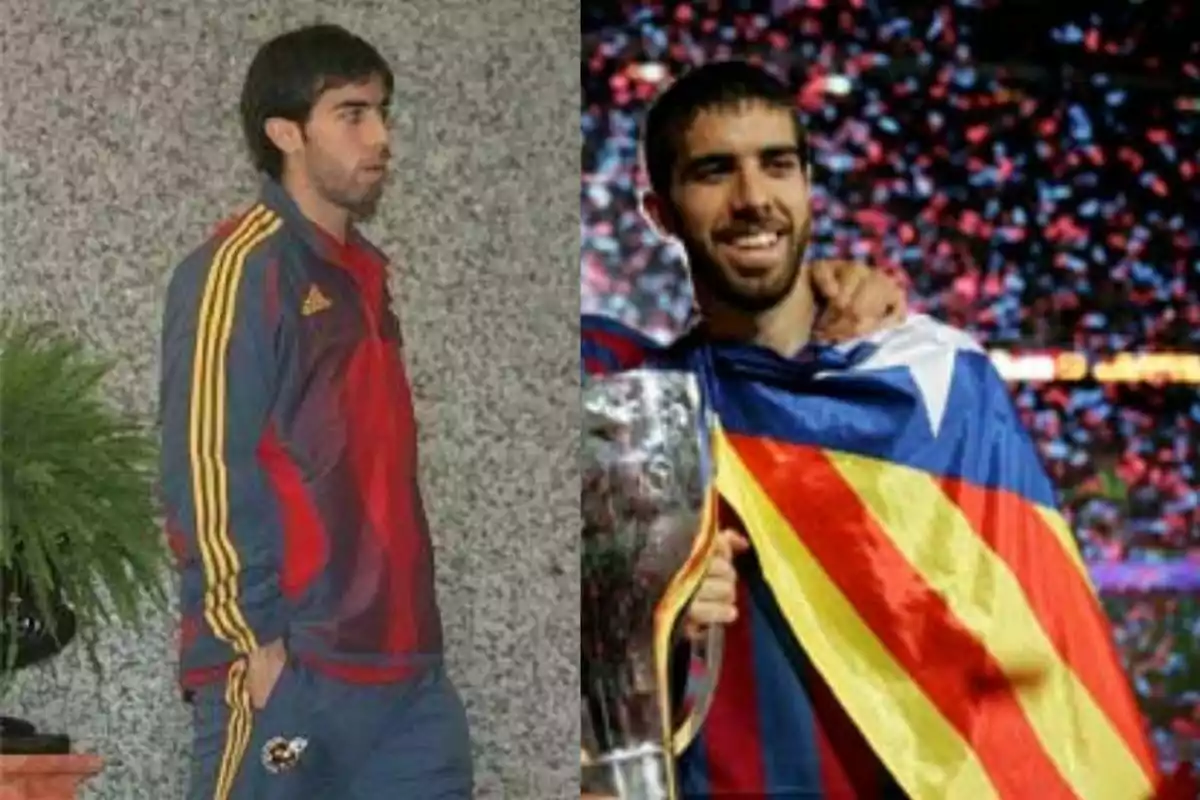 Dos imágenes de un hombre con barba; en la primera lleva un chándal azul con detalles rojos y amarillos, y en la segunda está sonriendo, envuelto en una bandera y sosteniendo un trofeo.