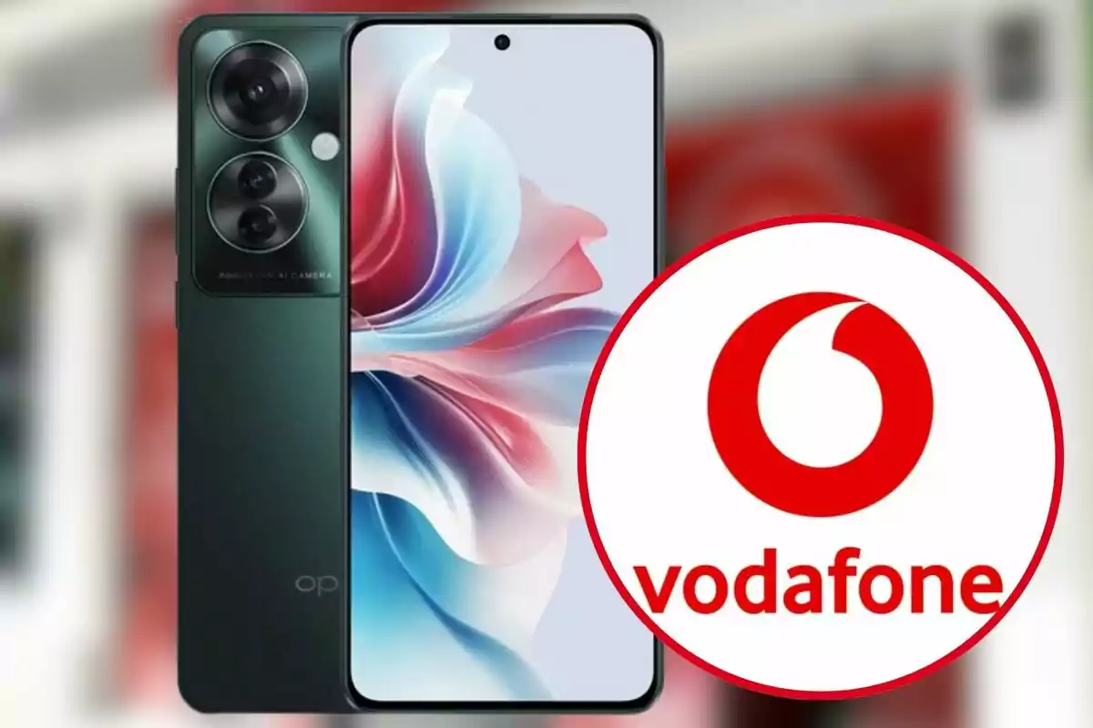 Teléfono inteligente de color verde con pantalla encendida mostrando un diseño abstracto, junto al logotipo de Vodafone en un círculo rojo. Teléfono inteligente de color verde con pantalla encendida mostrando un diseño abstracto, junto al logotipo de Vodafone en un círculo rojo.