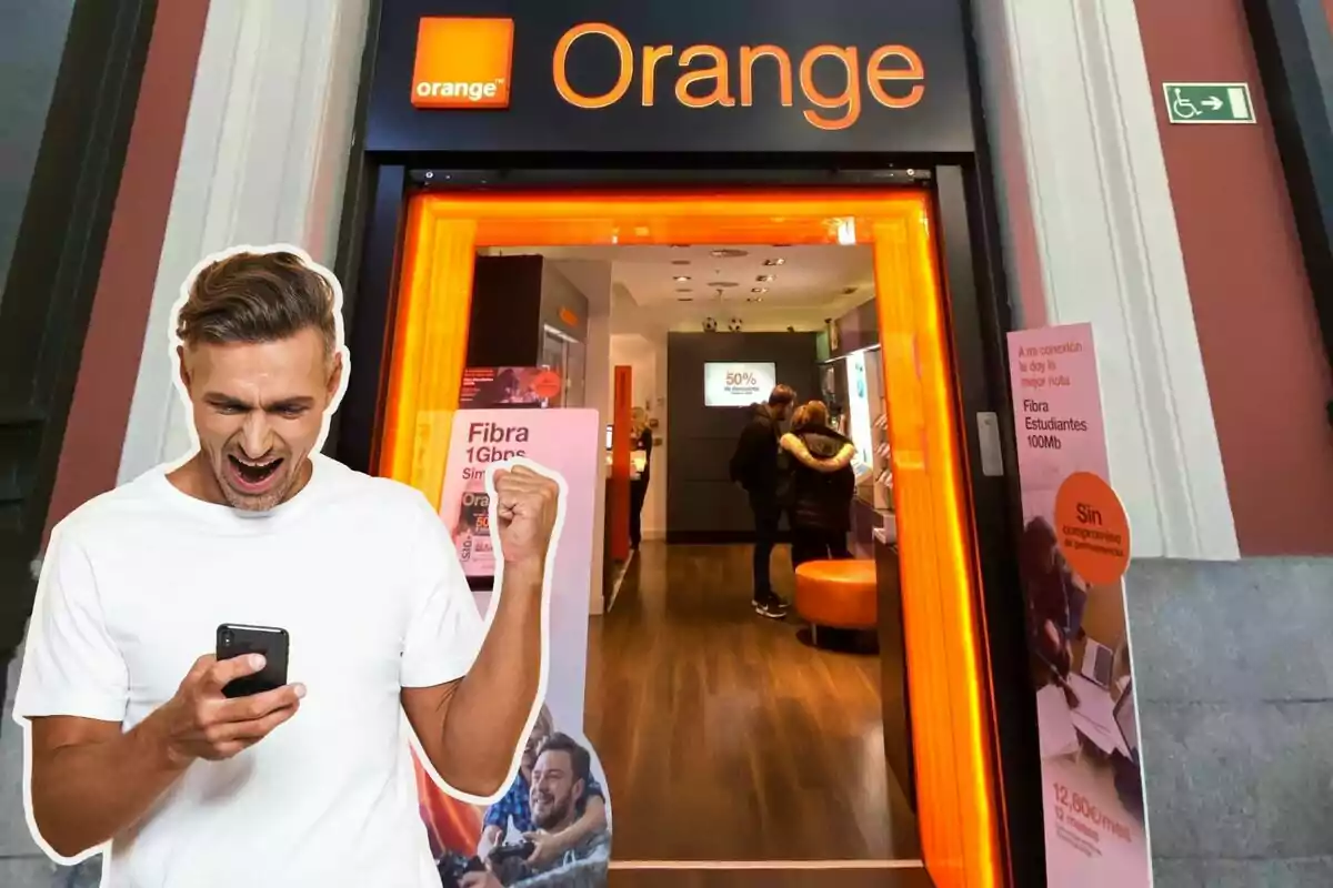 Una tienda de Orange desde fuera, y un hombre con un móvil con gesto de alegría