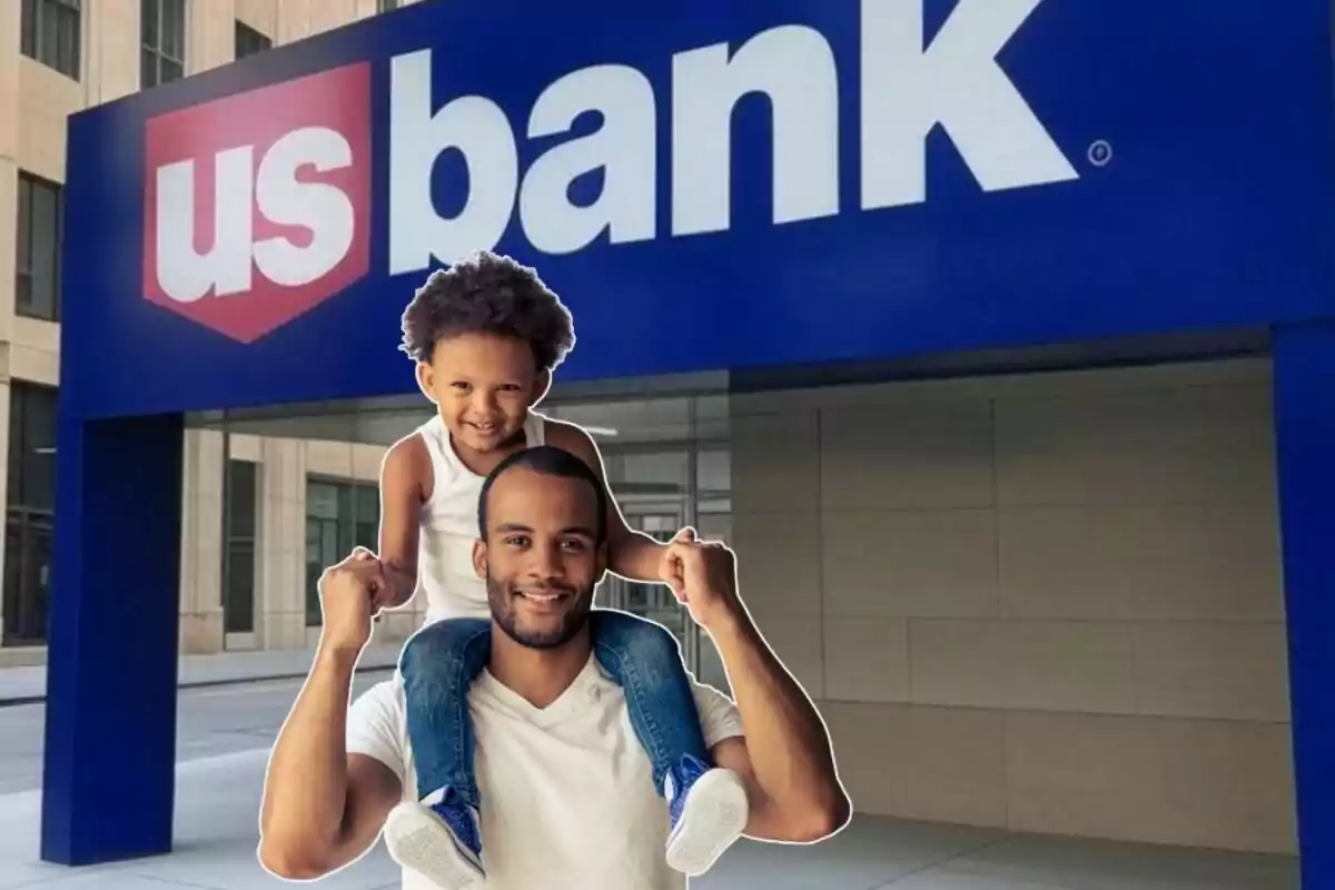 Un hombre sonriente lleva a un niño sobre sus hombros frente a un edificio con el logotipo de US Bank. Un hombre sonriente lleva a un niño sobre sus hombros frente a un edificio con el logotipo de US Bank.