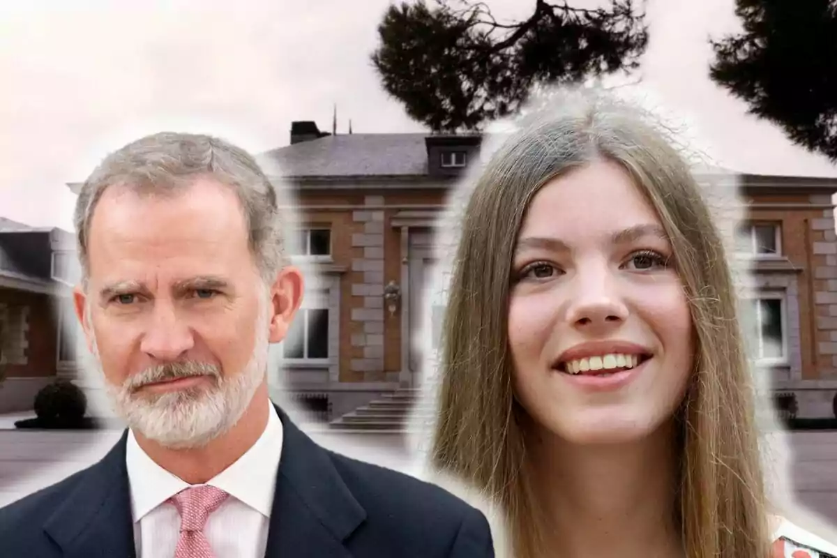 Montaje del palacio de la Zarzuela, Felipe VI sonriendo en traje negro y corbata roja y la infanta Sofía sonriendo