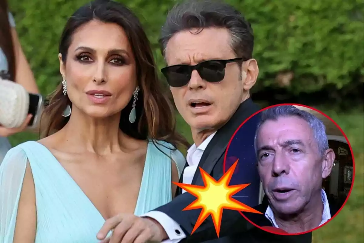 Paloma Cuevas y Luis Miguel con gafas de sol posan juntos, mientras que en la esquina inferior derecha hay un círculo rojo con la imagen de José Luis López 'El Turronero' y un gráfico de explosión.