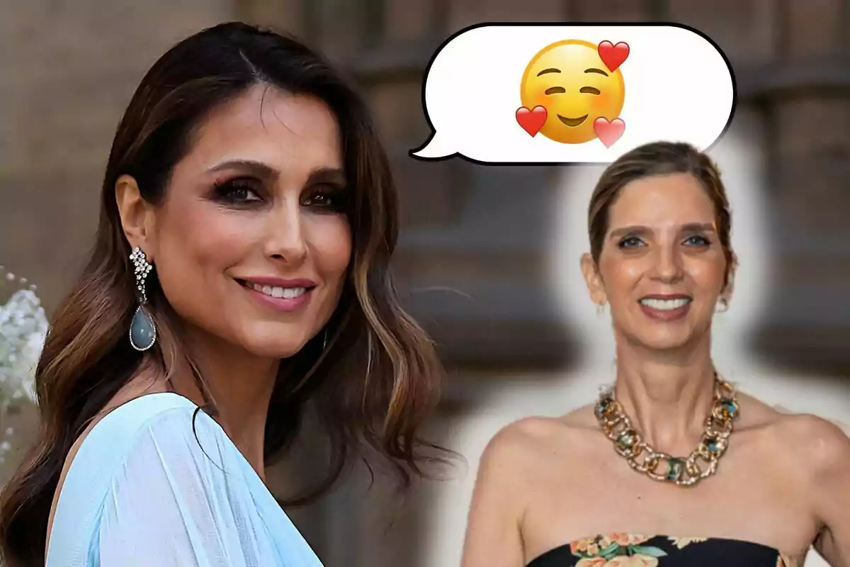 Paloma Cuevas y Margarita Vargas sonrientes con un emoji de cara sonriente con corazones en un globo de diálogo.