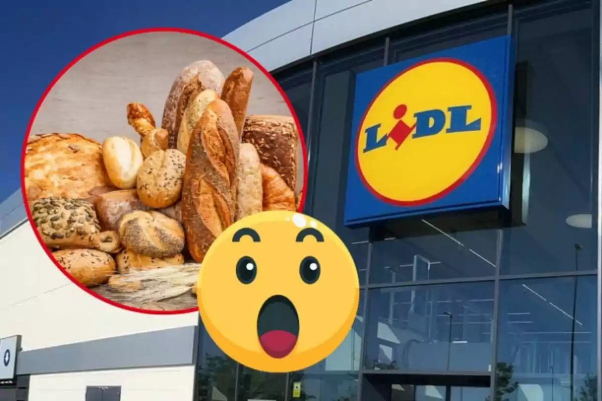 Una tienda de Lidl con un círculo que muestra una variedad de panes y un emoji sorprendido en primer plano.