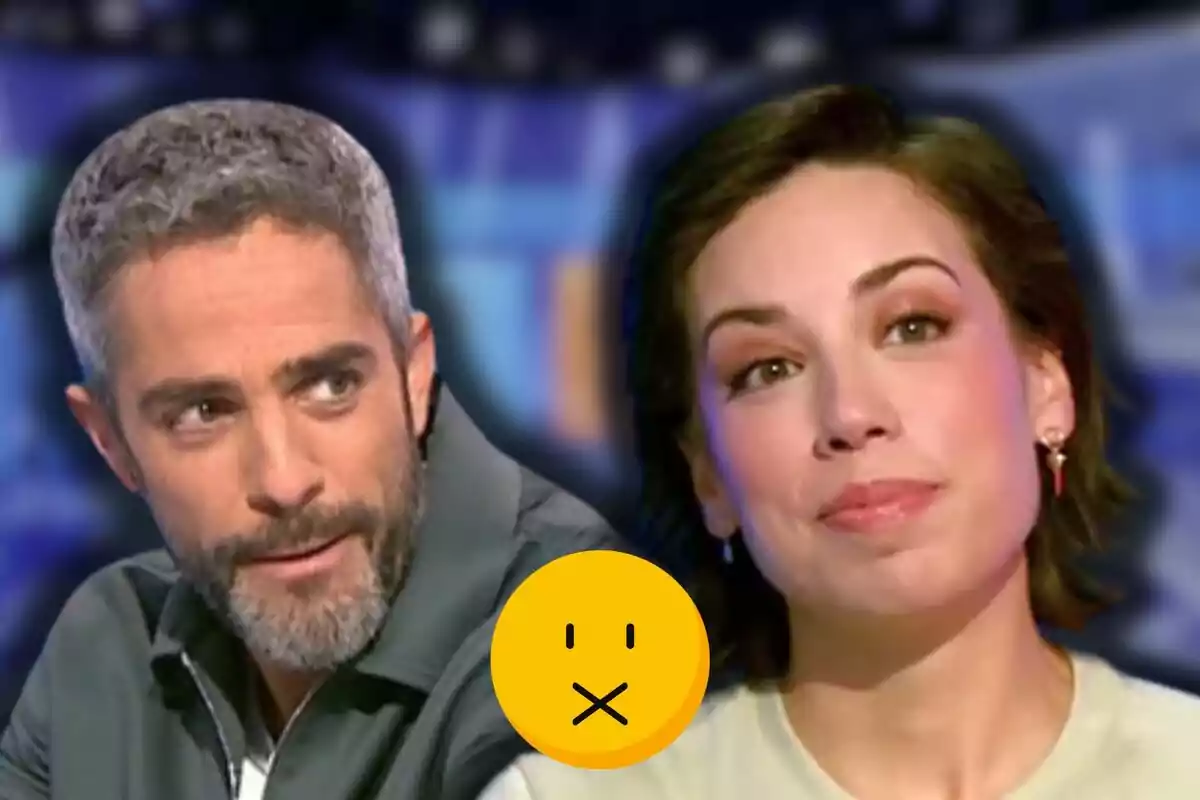 Roberto Leal y Rosa mirándose con una cara seria y un emoji amarillo de silencio en el centro