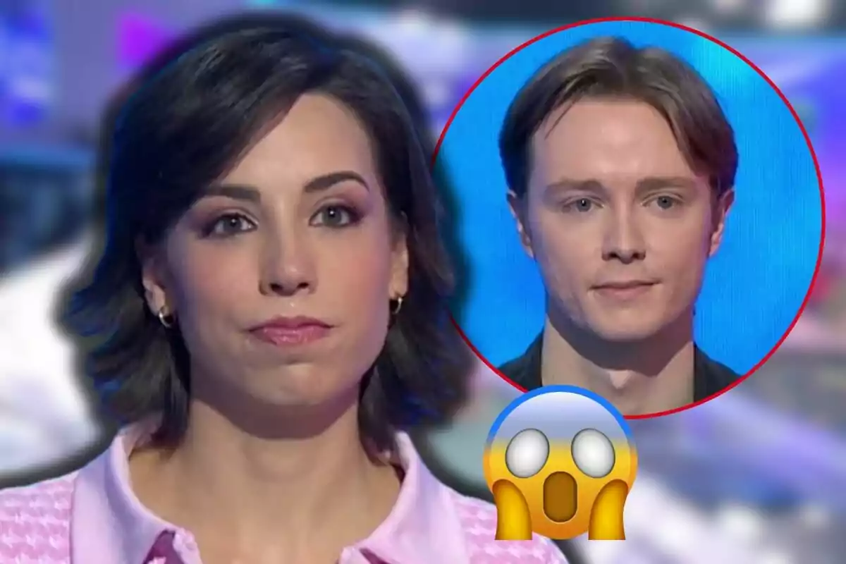 Rosa con expresión seria en primer plano y Manu en un círculo rojo en el fondo con un emoji sorprendido en la parte inferior.