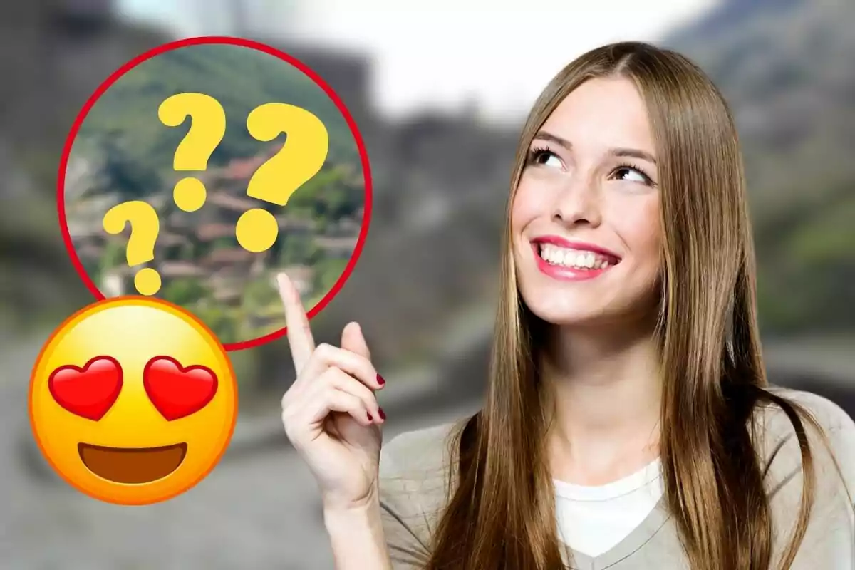 Una mujer sonriente con cabello largo y lacio señala hacia un círculo rojo con signos de interrogación amarillos, mientras un emoji con ojos de corazón está superpuesto en la imagen.