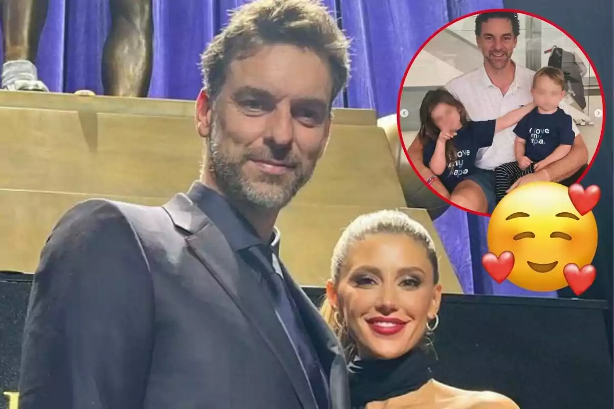 Montaje de Pau Gasol sonriendo en traje negro, Cat McDonnell sonriendo con pelo regodio y labios rojos, él junto a sus hijos y un emoji enamorado