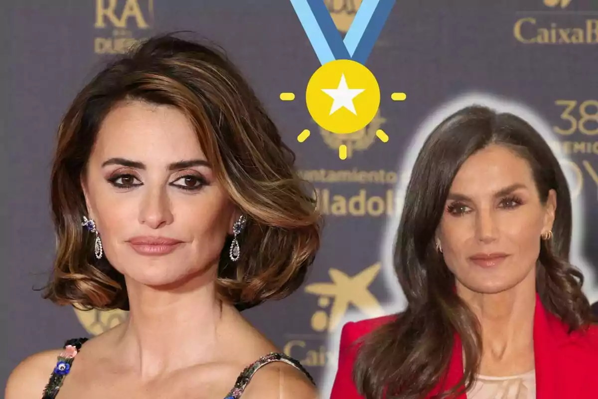 Penélope Cruz y Letizia posan en un evento con fondo de logotipos y una medalla gráfica sobre ellas.