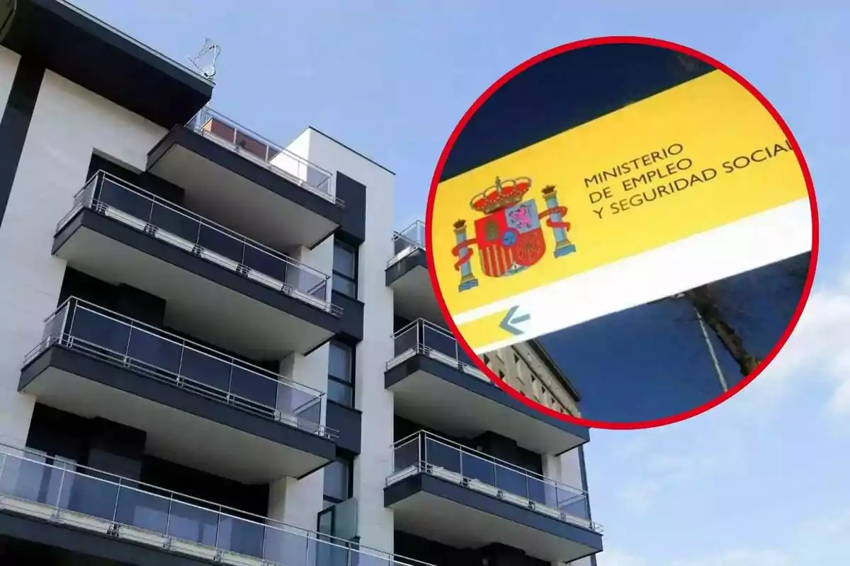 Edificio moderno con balcones y un cartel del Ministerio de Empleo y Seguridad Social de España en un círculo rojo.