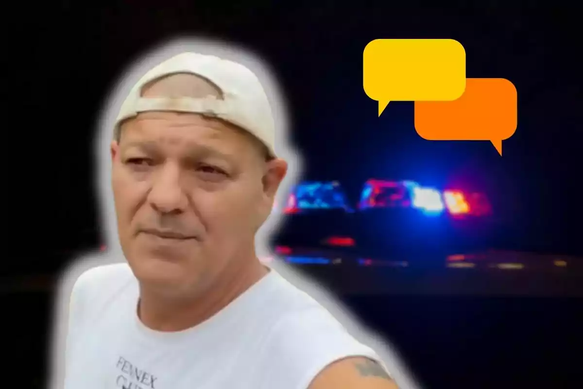 Frank Cuesta con gorra blanca y camiseta sin mangas aparece en primer plano, mientras que al fondo se ven luces de patrulla policial y dos burbujas de diálogo en colores amarillo y naranja.