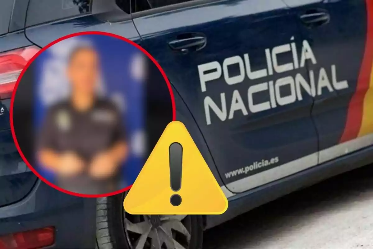 Un coche de la Policía Nacional con una imagen borrosa de una persona y un icono de advertencia.