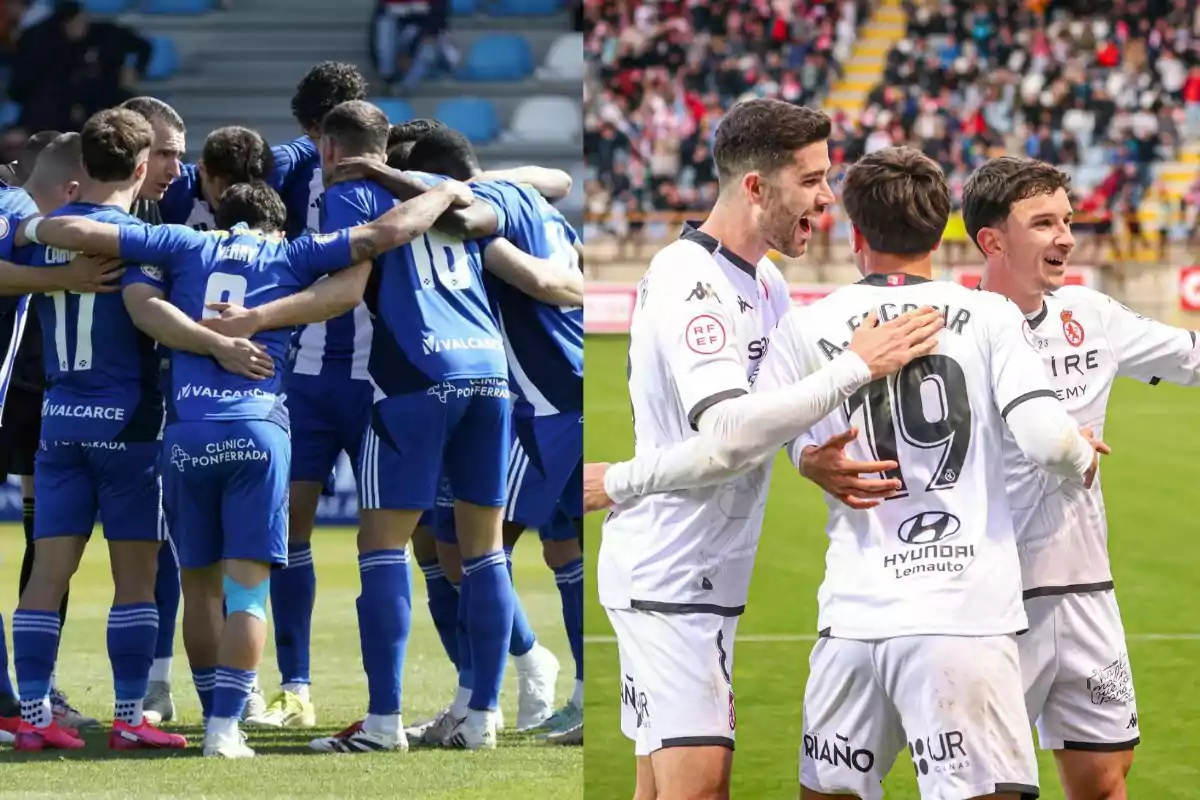 Dos equipos de fútbol celebran en el campo, uno con uniformes azules y otro con uniformes blancos, mostrando camaradería y espíritu de equipo.