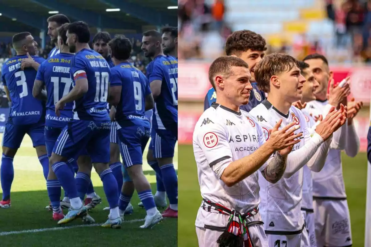 Dos equipos de fútbol, uno con uniforme azul y otro con uniforme blanco, están en el campo; el equipo azul parece estar celebrando mientras que el equipo blanco aplaude.