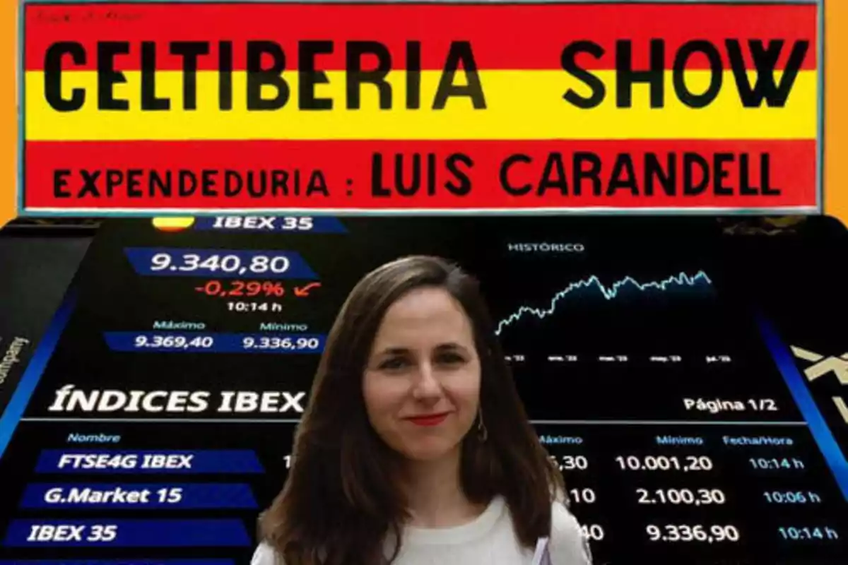Una mujer frente a una pantalla de índices bursátiles con un cartel que dice "CELTIBERIA SHOW EXPENDEDURIA: LUIS CARANDELL".