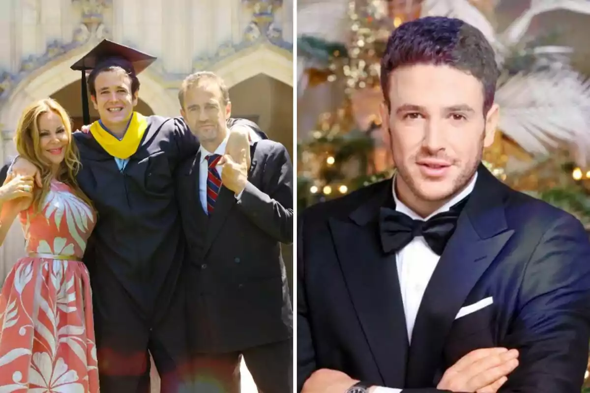 Una imagen dividida en dos partes: a la izquierda, Ana Obregón, Aless Lequio y Alessandro Lequio posan juntas, una de ellas lleva un birrete y toga de graduación; a la derecha, Aless con esmoquin y pajarita posa frente a un fondo decorado. Una imagen dividida en dos partes: a la izquierda, Ana Obregón, Aless Lequio y Alessandro Lequio posan juntas, una de ellas lleva un birrete y toga de graduación; a la derecha, Aless con esmoquin y pajarita posa frente a un fondo decorado.