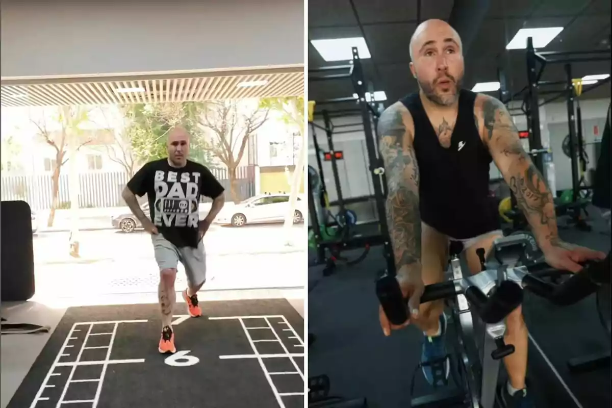 Kiko Rivera haciendo ejercicio en un gimnasio, en una imagen está corriendo y en la otra montando una bicicleta estática. Kiko Rivera haciendo ejercicio en un gimnasio, en una imagen está corriendo y en la otra montando una bicicleta estática.