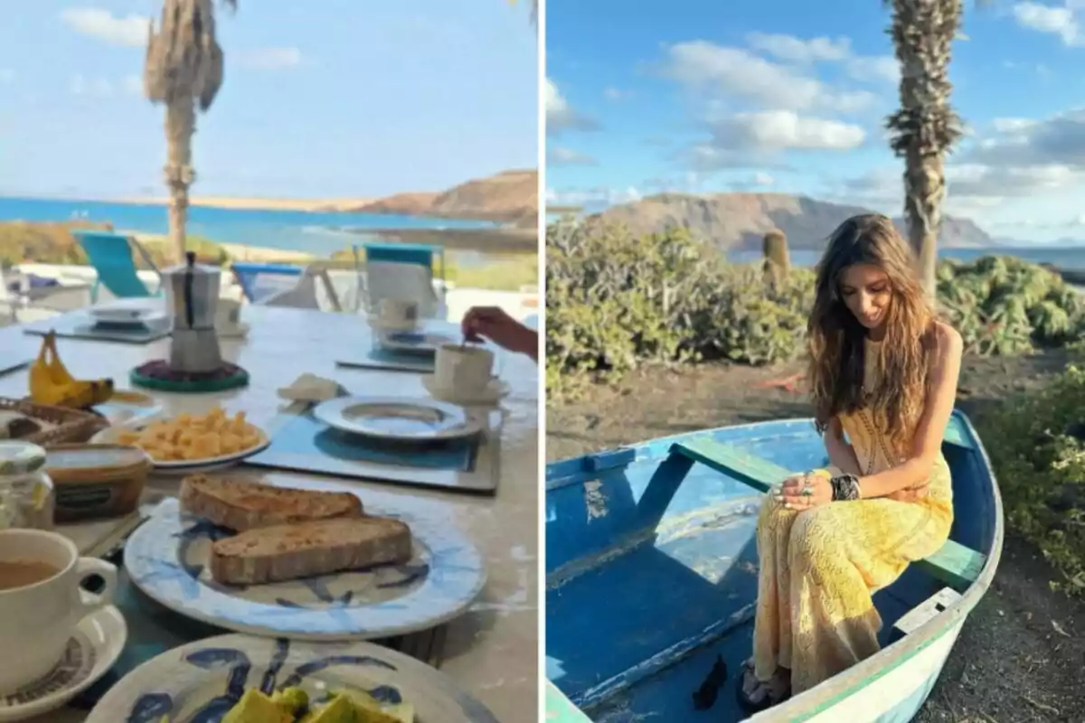 Una mesa con desayuno frente al mar y Sara Carbonero sentada en un bote azul en un entorno natural. Una mesa con desayuno frente al mar y Sara Carbonero sentada en un bote azul en un entorno natural.