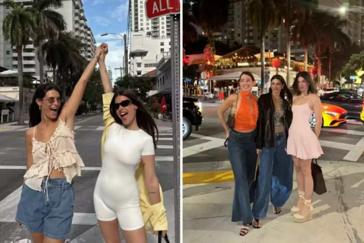 Dos imágenes muestran a un grupo de mujeres posando en una calle urbana, en la primera imagen dos mujeres levantan los brazos con entusiasmo durante el día, mientras que en la segunda imagen tres mujeres posan juntas por la noche frente a un fondo iluminado. Dos imágenes muestran a un grupo de mujeres posando en una calle urbana, en la primera imagen dos mujeres levantan los brazos con entusiasmo durante el día, mientras que en la segunda imagen tres mujeres posan juntas por la noche frente a un fondo iluminado.
