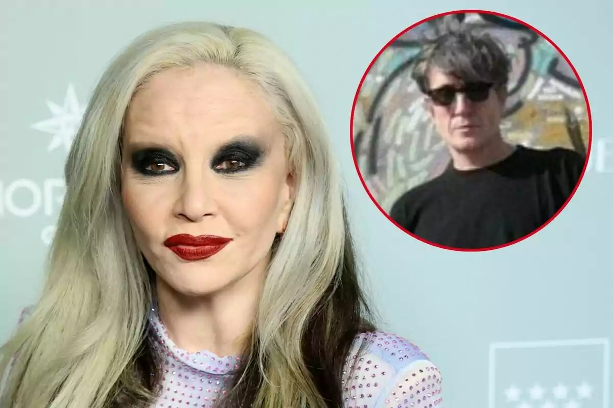 Alaska con cabello rubio y maquillaje oscuro en primer plano y Pito Cubillas con gafas de sol en un recuadro circular en la esquina superior derecha.