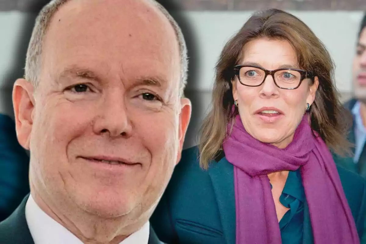 Alberto de Mónaco y Carolina de Mónaco posan para una foto, una de ellas lleva gafas y bufanda morada, mientras que la otra tiene una expresión sonriente.