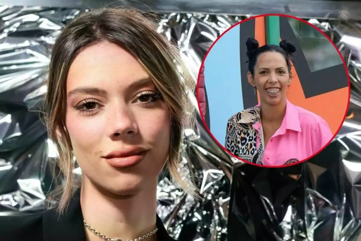 Alejandra rubio con cabello rubio y maquillaje natural aparece en primer plano, mientras que en un círculo rojo en la esquina superior derecha se muestra a Paola Olmedo con peinado de moños y una camisa rosa.