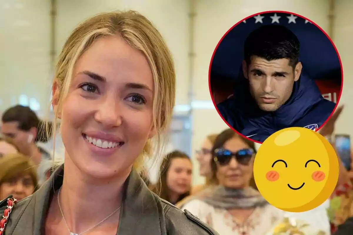 Alice Campello sonriente en primer plano con Álvaro Morata en un círculo rojo en la esquina superior derecha y un emoji sonriente en la parte inferior derecha.