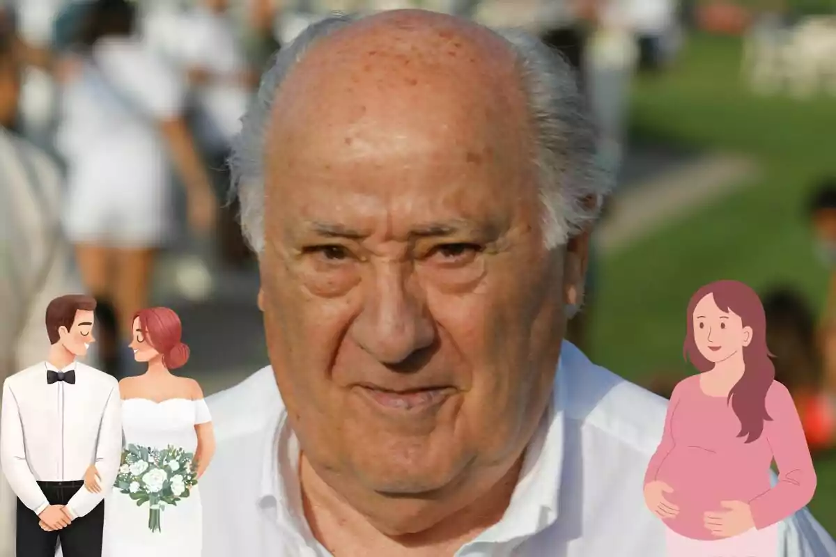 Amancio Ortega con camisa blanca, acompañado de ilustraciones de una pareja de novios y una mujer embarazada.