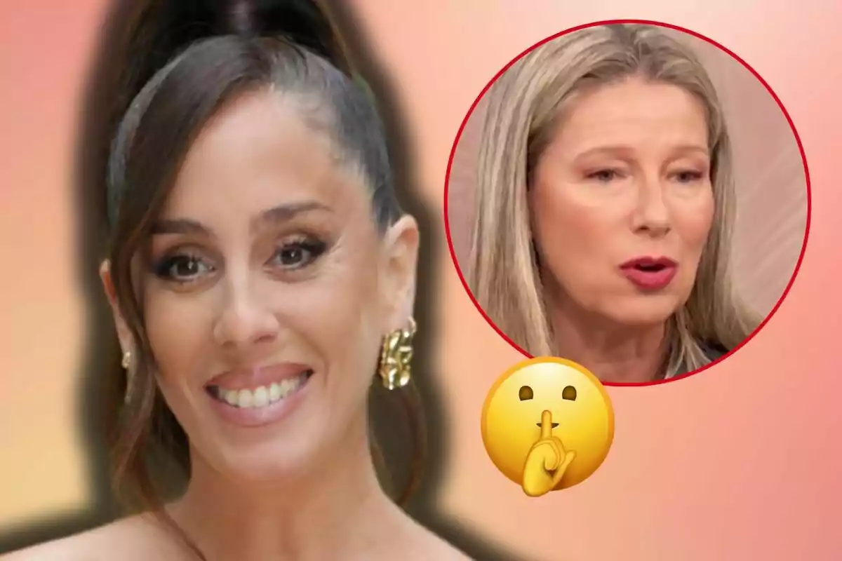 Anabel Pantoja sonriente con aretes dorados y un peinado recogido aparece en primer plano mientras en un círculo rojo se muestra a Anne Igartiburu con expresión seria junto a un emoji de silencio.