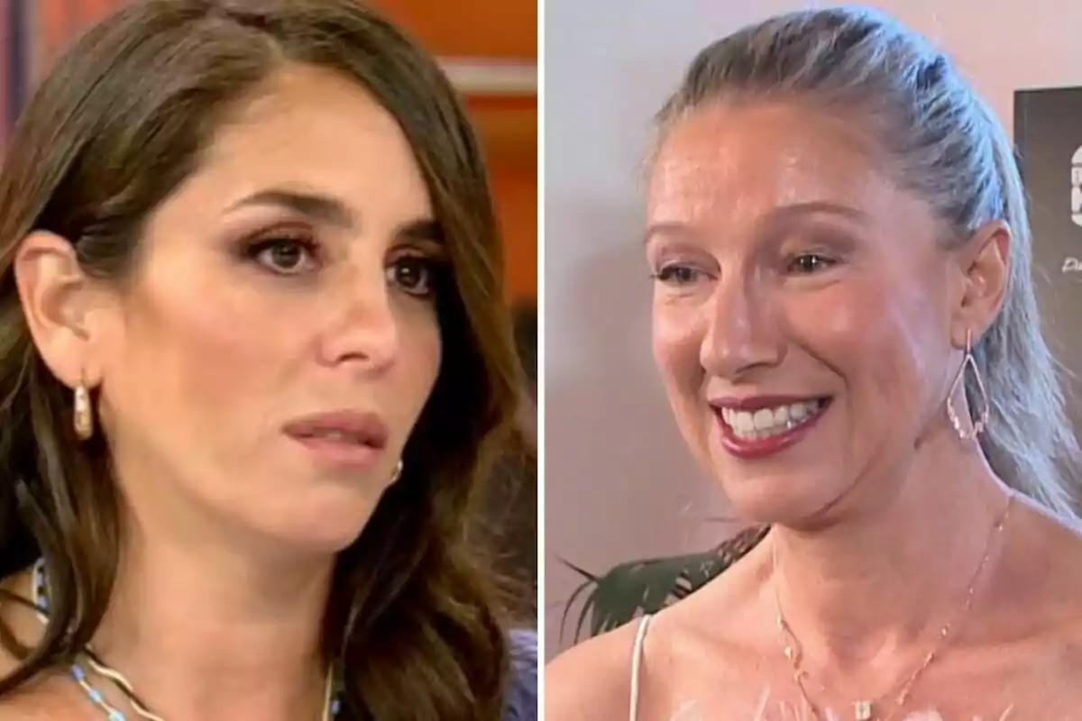Anabel Pantoja y Anne Igartiburu con expresiones faciales diferentes, una parece seria y la otra sonríe, ambas llevan pendientes y están en un entorno interior. Anabel Pantoja y Anne Igartiburu con expresiones faciales diferentes, una parece seria y la otra sonríe, ambas llevan pendientes y están en un entorno interior.