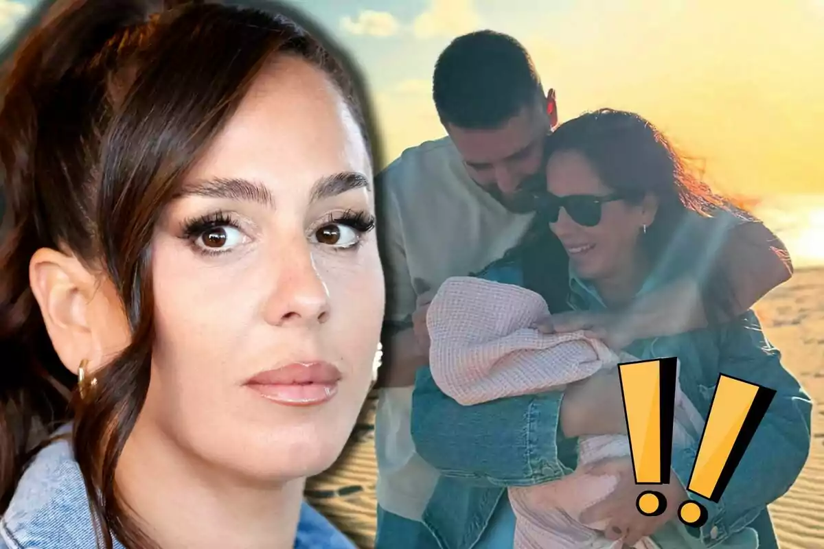 Anabel Pantoja con expresión seria en primer plano y ella con David Rodríguez sonriente con Alma en el fondo al atardecer.