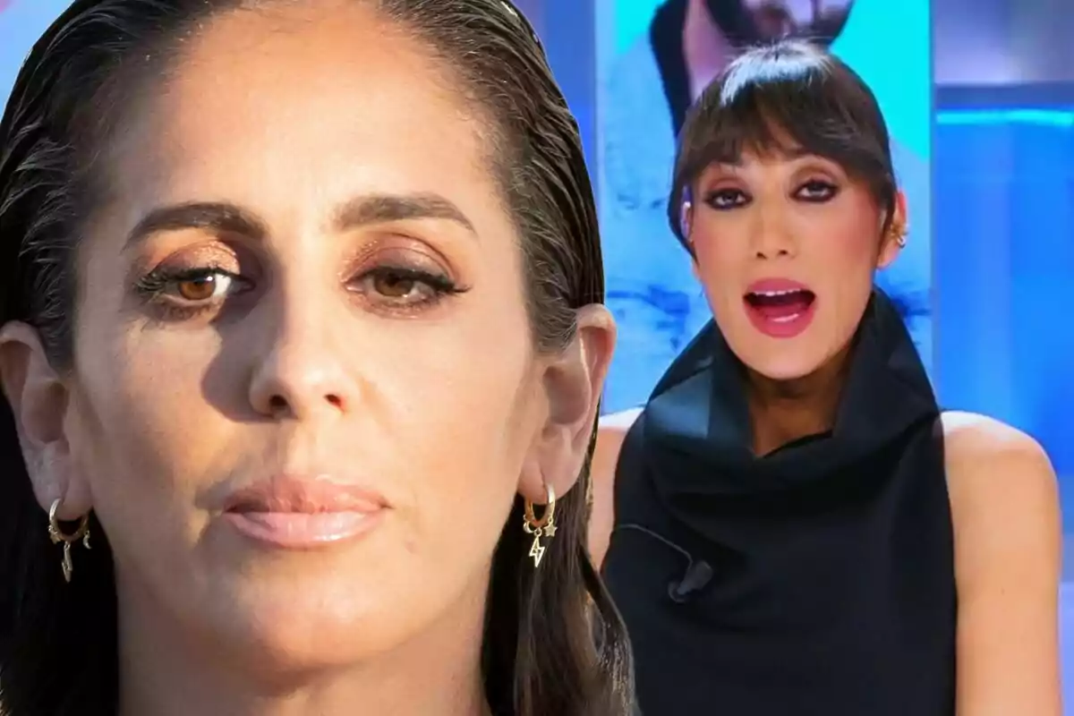 Anabel Pantoja y Patricia Pardo aparecen en la imagen una en primer plano con cabello oscuro y aretes dorados y otra al fondo con flequillo y vestido negro hablando frente a una cámara.