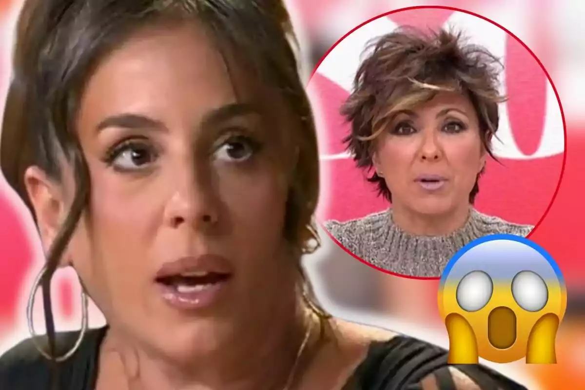 Anabel Pantoja con expresión sorprendida en primer plano y Sonsoles Ónega en un recuadro circular en el fondo, con un emoji de sorpresa en la esquina.