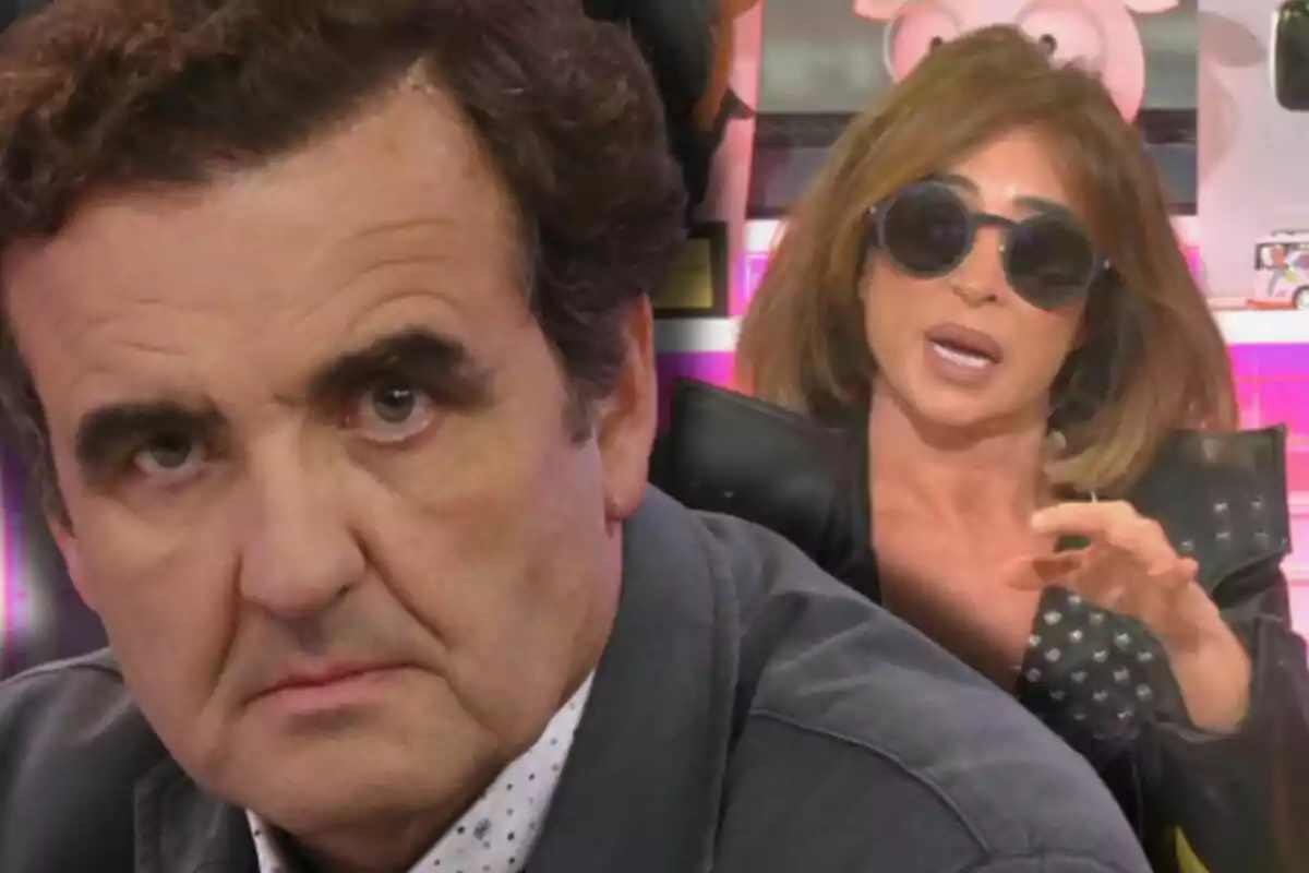 Antonio Montero y María Patiño en un programa de televisión, una en primer plano con expresión seria y otra al fondo con gafas de sol hablando.