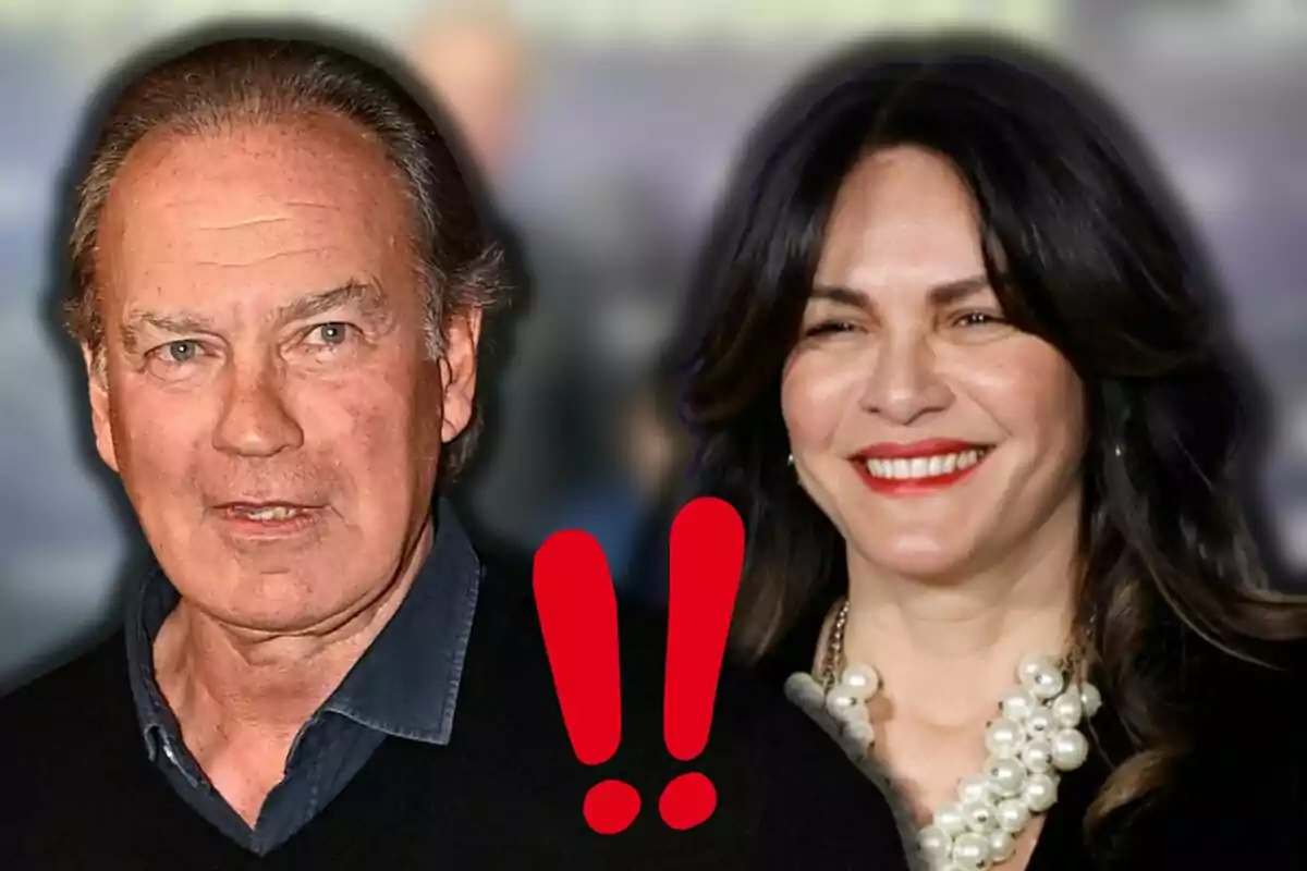 Bertín Osborne y Fabiola Martínez posan juntas frente a un fondo desenfocado con un signo de exclamación rojo en el centro.