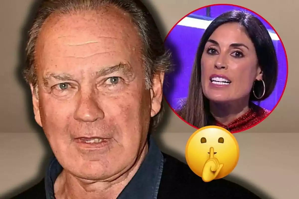 Bertín Osborne en primer plano con Isabel Rábago en un círculo rojo en la esquina superior derecha y un emoji de silencio superpuesto.
