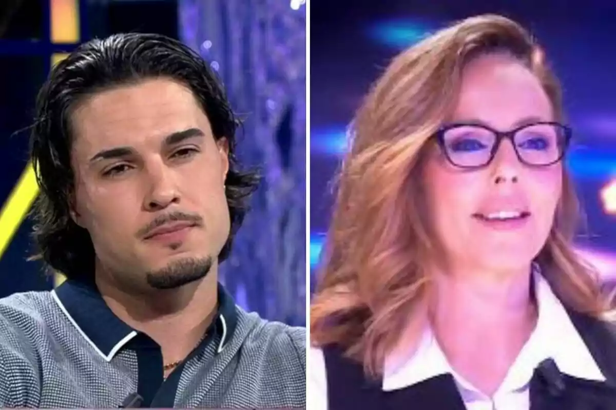 Carlo Costanzia y Rocío Carrasco en un programa de televisión, una con cabello oscuro y barba y la otra con gafas y cabello claro.