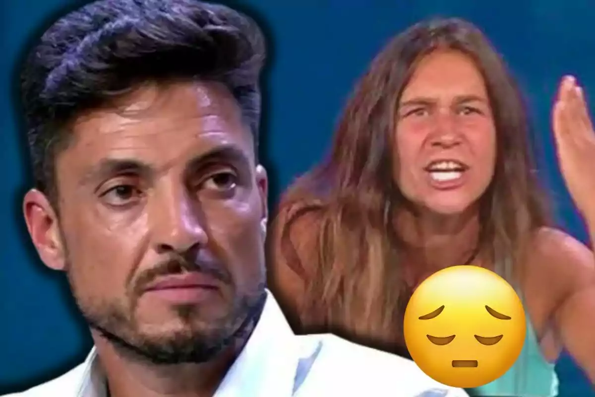 Carlos Calderón con expresión seria en primer plano y Laura Cuevas gesticulando intensamente en el fondo con un emoji de cara preocupada superpuesto.