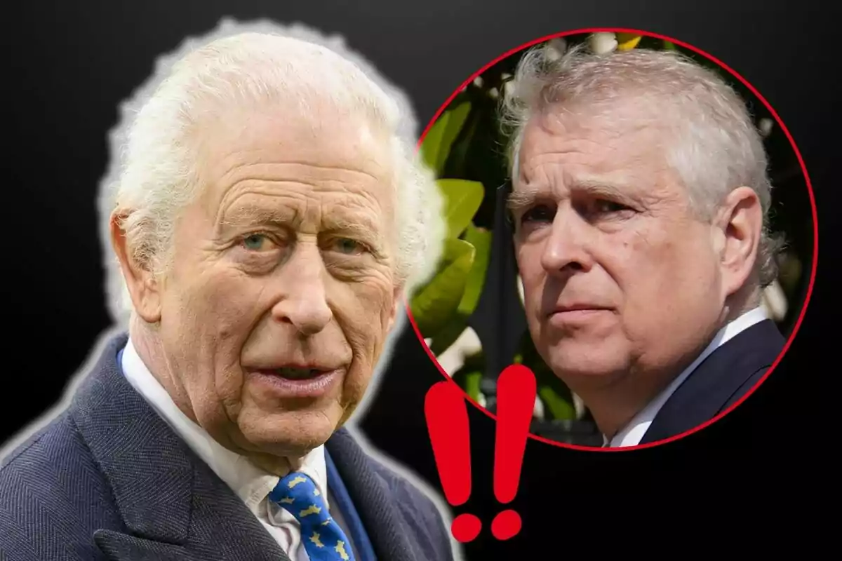 Carlos III y el príncipe Andrés con expresiones serias, uno en primer plano y el otro en un círculo rojo con signos de exclamación. Carlos III y el príncipe Andrés con expresiones serias, uno en primer plano y el otro en un círculo rojo con signos de exclamación.