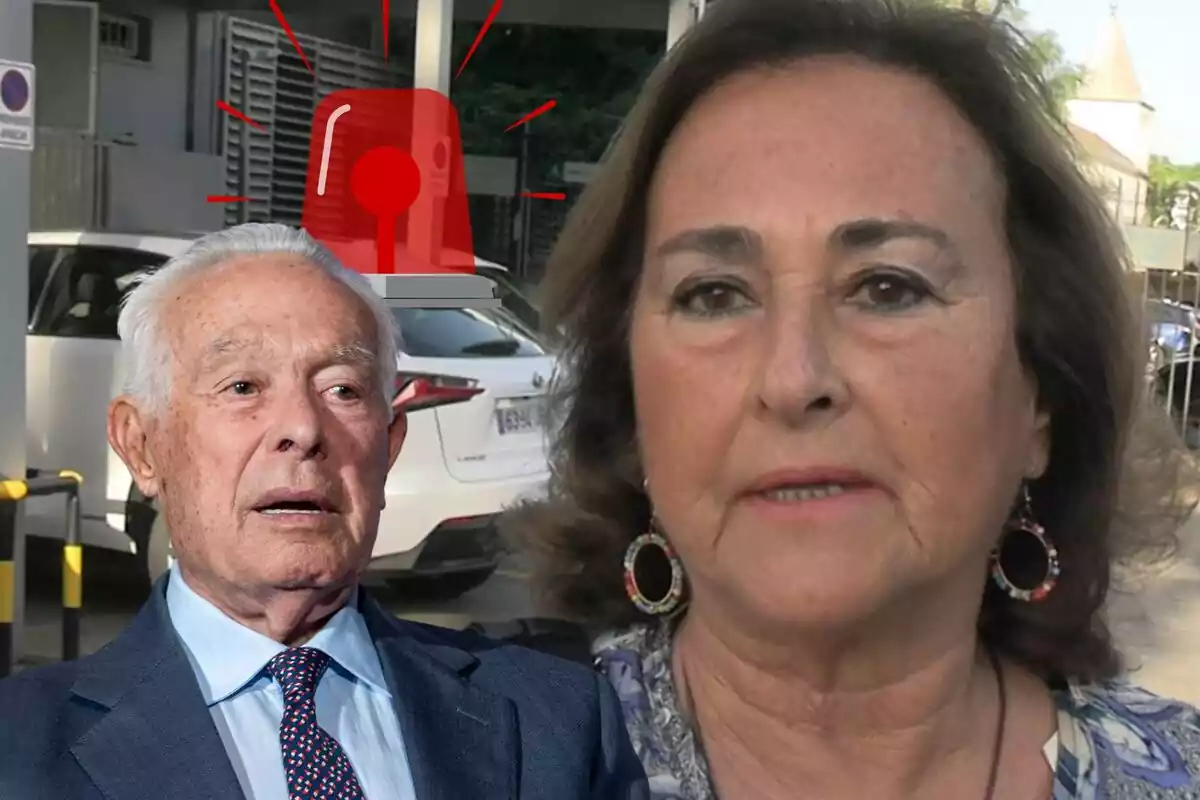 Montaje de un primer plano de Carmen Tello seria, Curro Romero con rostro neutro en traje azul y una alarma Montaje de un primer plano de Carmen Tello seria, Curro Romero con rostro neutro en traje azul y una alarma