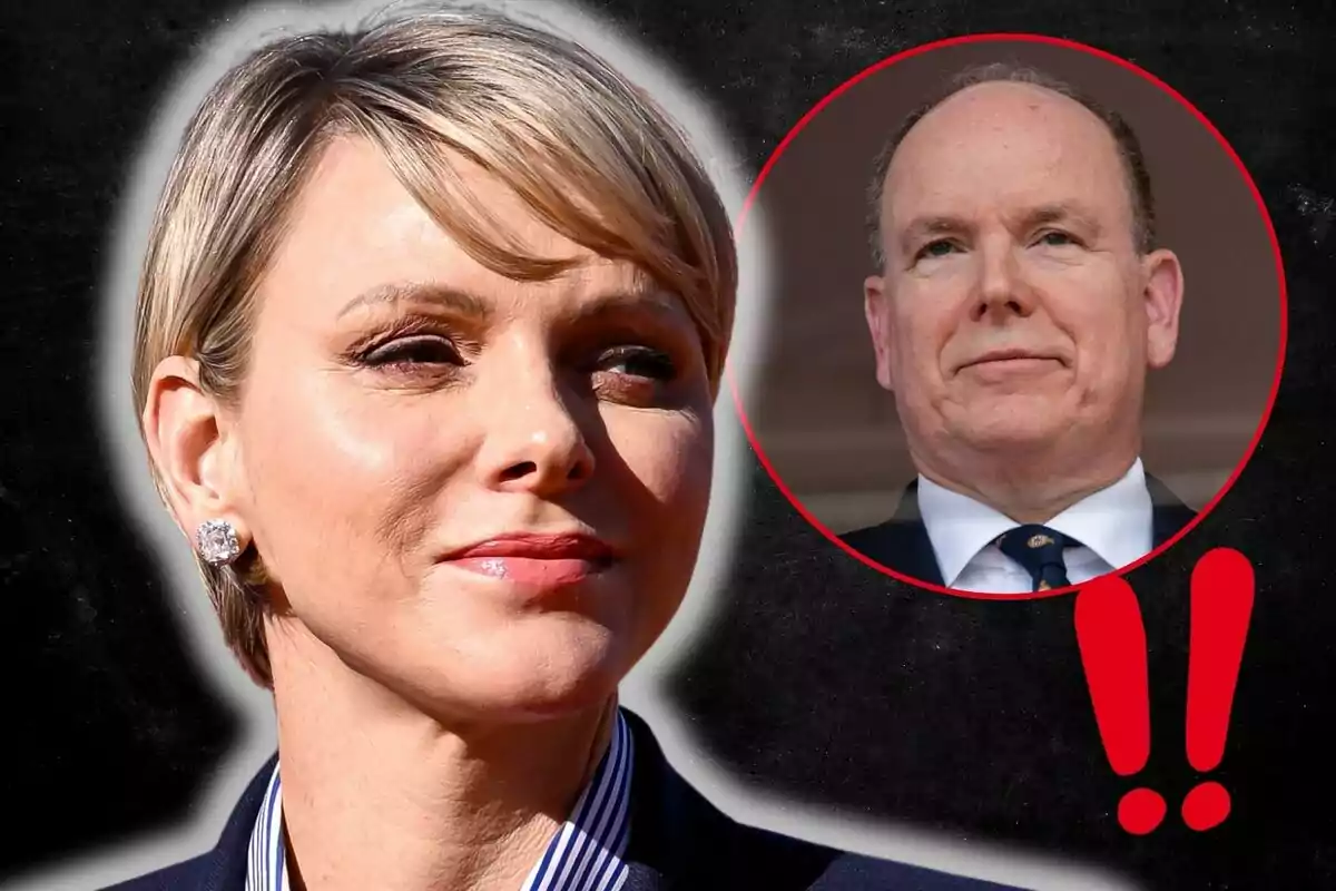 Charlene appears in the foreground, while Albert of Monaco is in a red circle in the top right corner with red exclamation marks next to it.