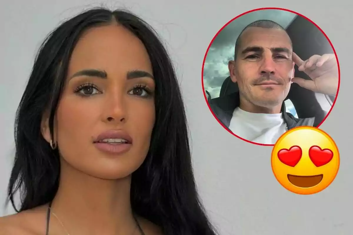 Claudia Bavel con Iker Casillas en un círculo rojo en la esquina superior derecha y un emoji de cara con corazones en los ojos en la parte inferior derecha.