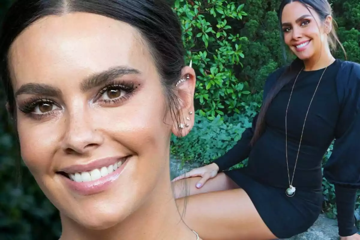 Cristina Pedroche con vestido negro y cabello recogido, sonriendo frente a un fondo de vegetación.