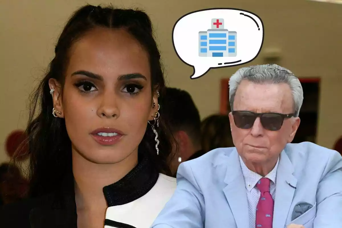 Gloria Camila con cabello oscuro y trenzado, usando aretes y un atuendo elegante, está al lado de José Ortega Cano con gafas de sol y traje claro, quien tiene un globo de diálogo con un ícono de hospital.