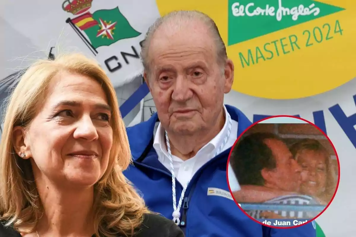 La infanta Cristina y Juan Carlos I posan frente a una bandera y un cartel publicitario, con una imagen circular insertada en la esquina inferior derecha mostrando a dos personas abrazándose.