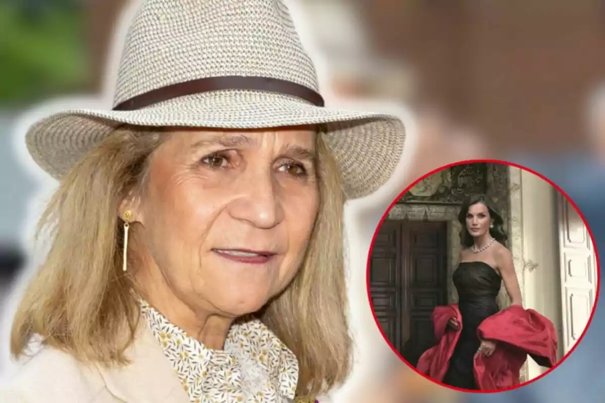 La infanta Elena con sombrero y aretes dorados aparece en primer plano mientras que en un círculo al fondo se ve a Letizia con un vestido elegante y un abrigo rojo.